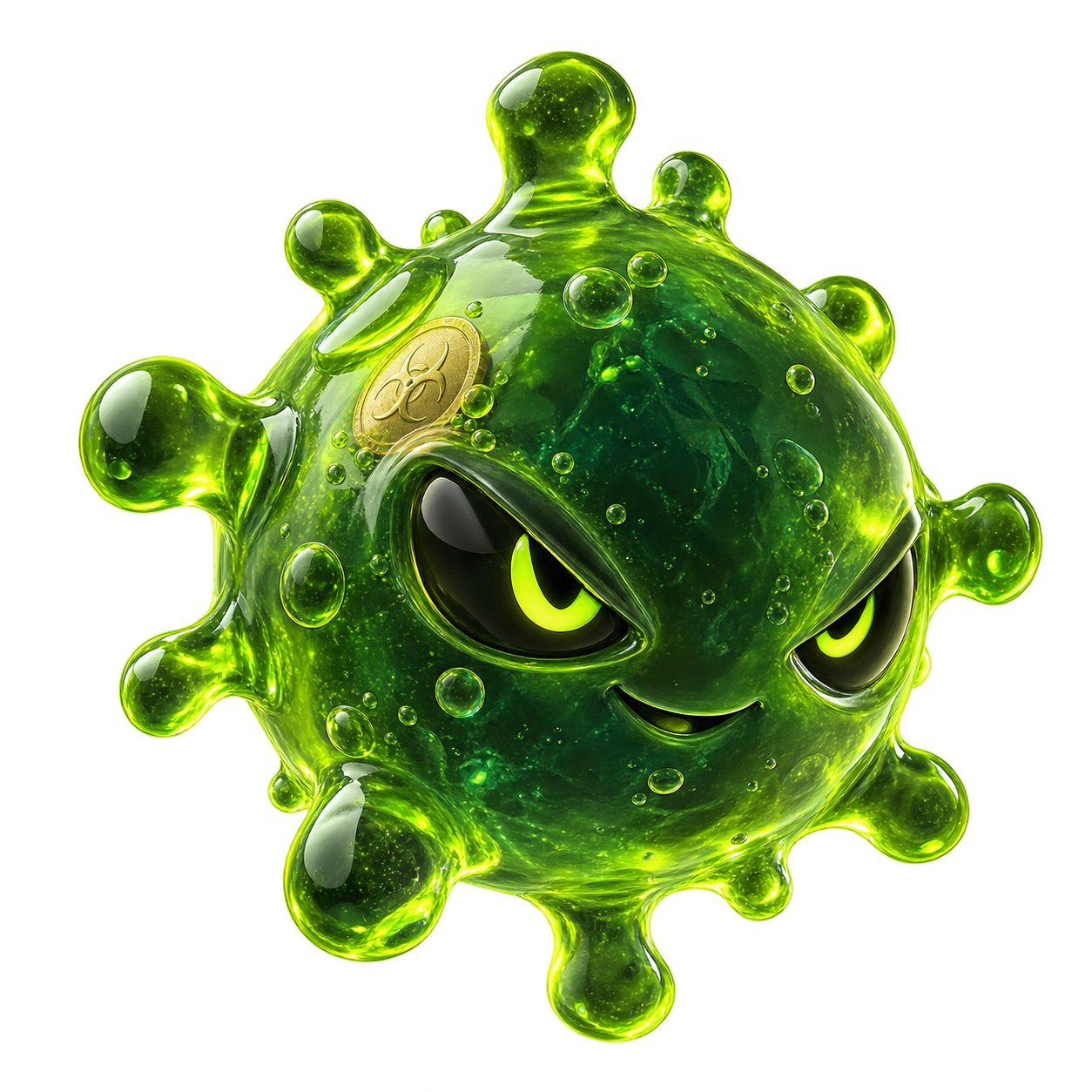 PLAGUECOIN mascot: a grinning green spore